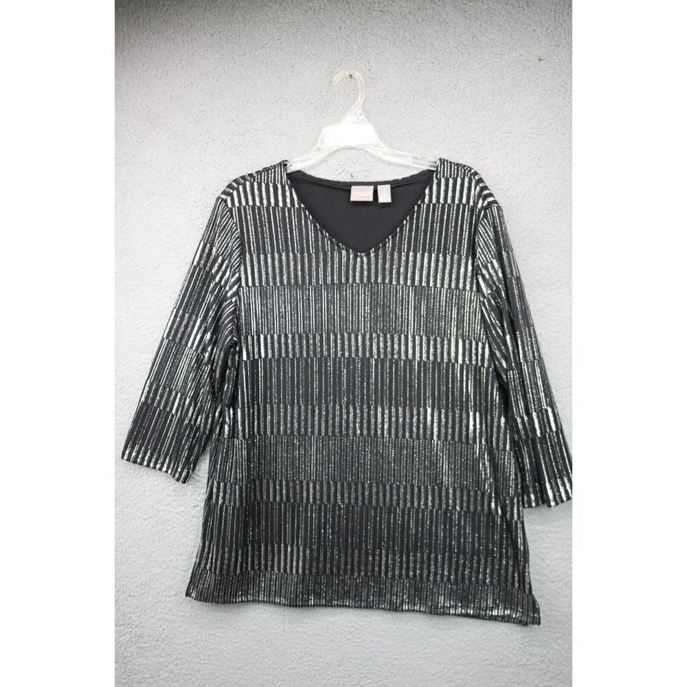 Chico's Black & Silver Shimmering Top Shirt-Size 3-3/4 Sleeves-Lined